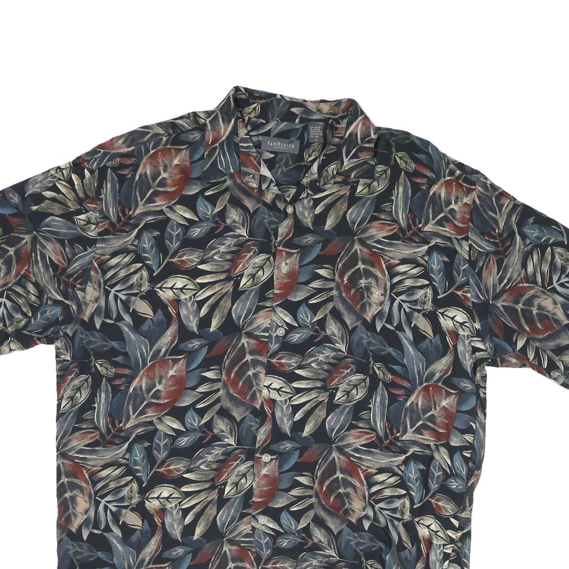 VAN HEUSEN Mens Blue & Brown Leaf Print Rayon Shirt L Casual Button Down