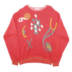 MALINA WONG Womens Red Patterned Cotton Blend Plain Crew Neck Basic Knit Jumper
