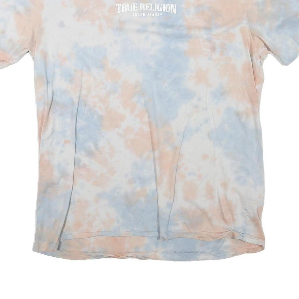 TRUE RELIGION Womens Cream & Blue Tie Dye T-Shirt L Short Sleeve Crew Neck
