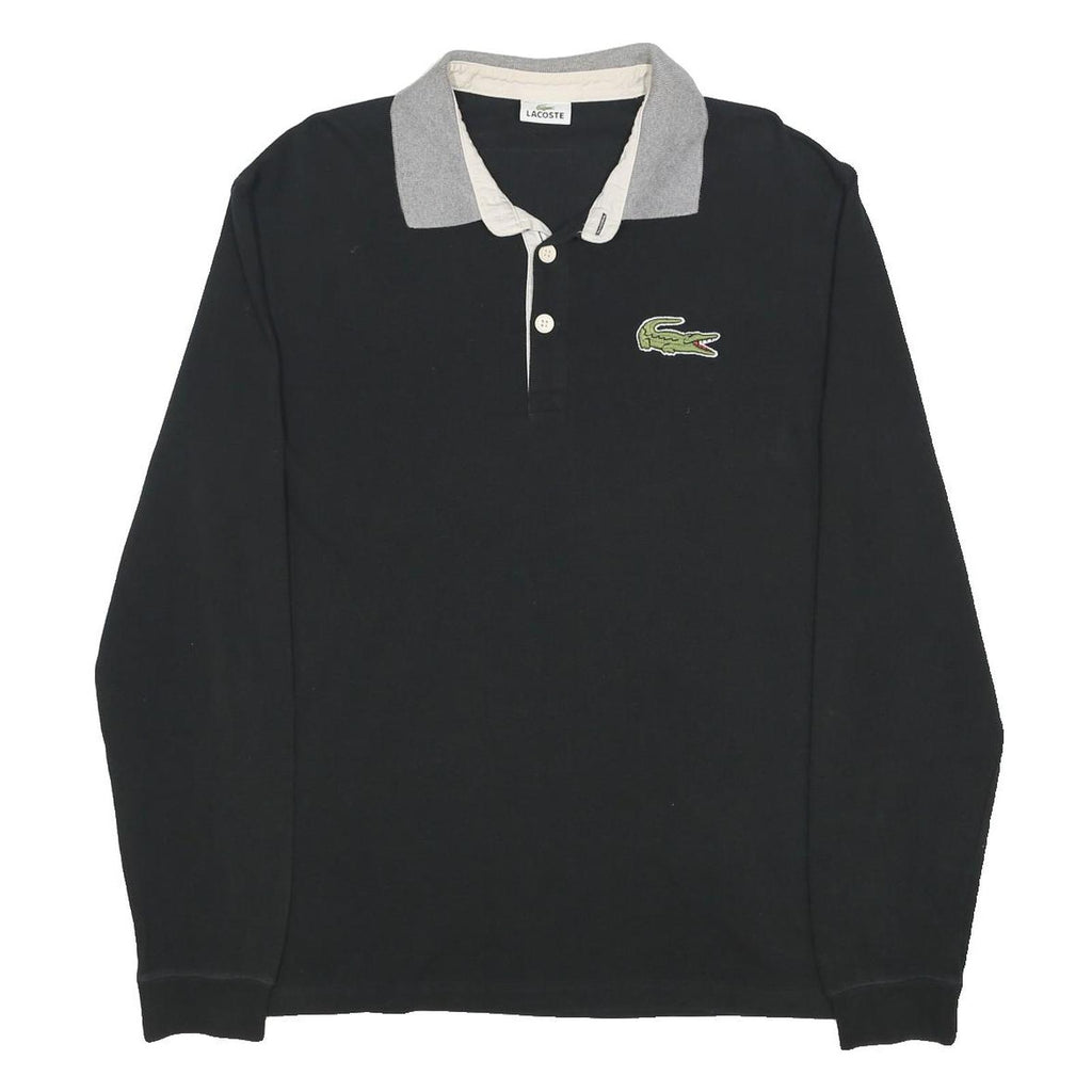 LACOSTE Mens Black & Grey Long Sleeve Plain XL Cotton Classic Polo Shirt
