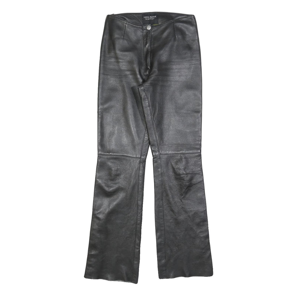 VERO MODA Womens Leather Black Regular Flared Trousers W26 L32 Zip Closure