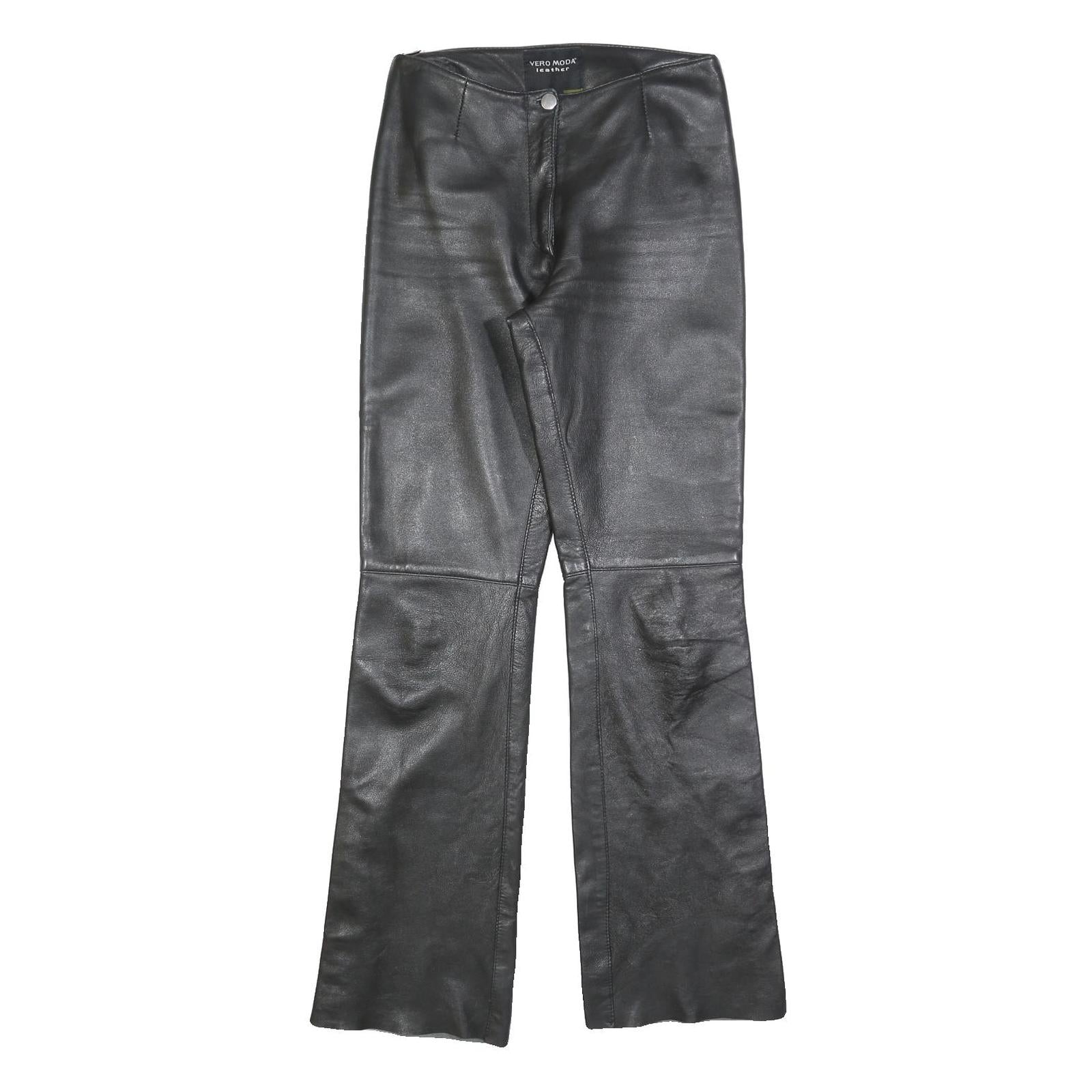 VERO MODA Womens Leather Black Regular Flared Trousers W26 L32 Zip Closure
