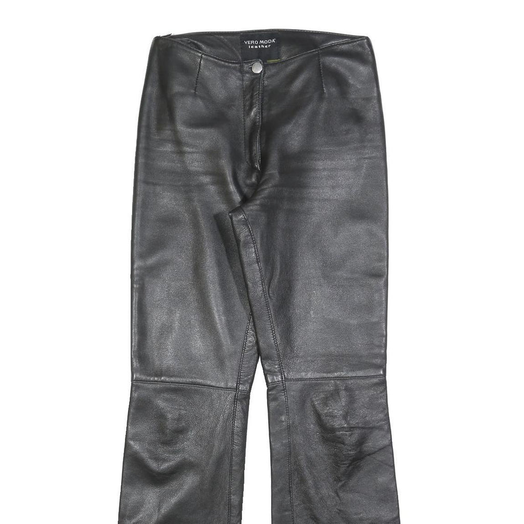 VERO MODA Womens Leather Black Regular Flared Trousers W26 L32 Zip Closure
