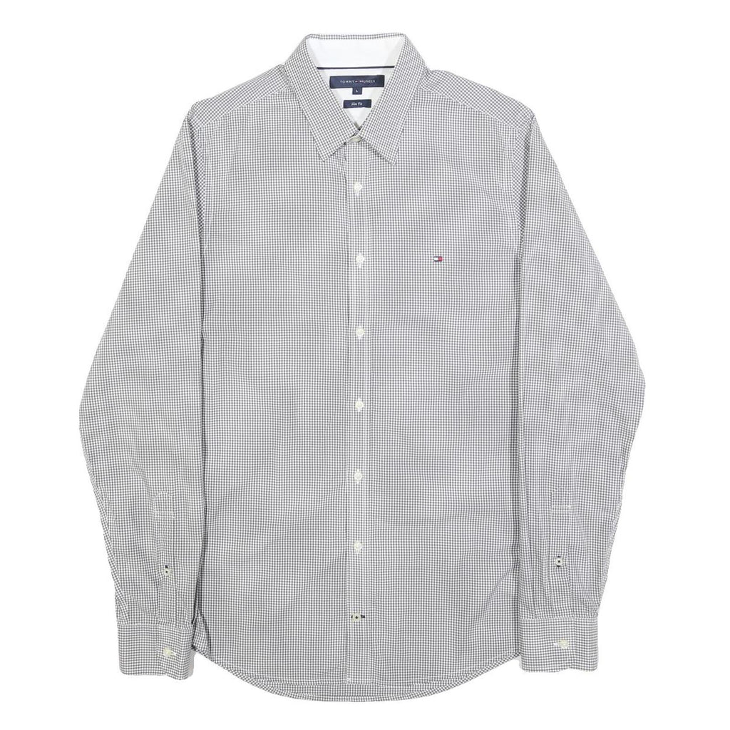 TOMMY HILFIGER Mens Grey Check Shirt L Classic Cotton Long Sleeve Formal