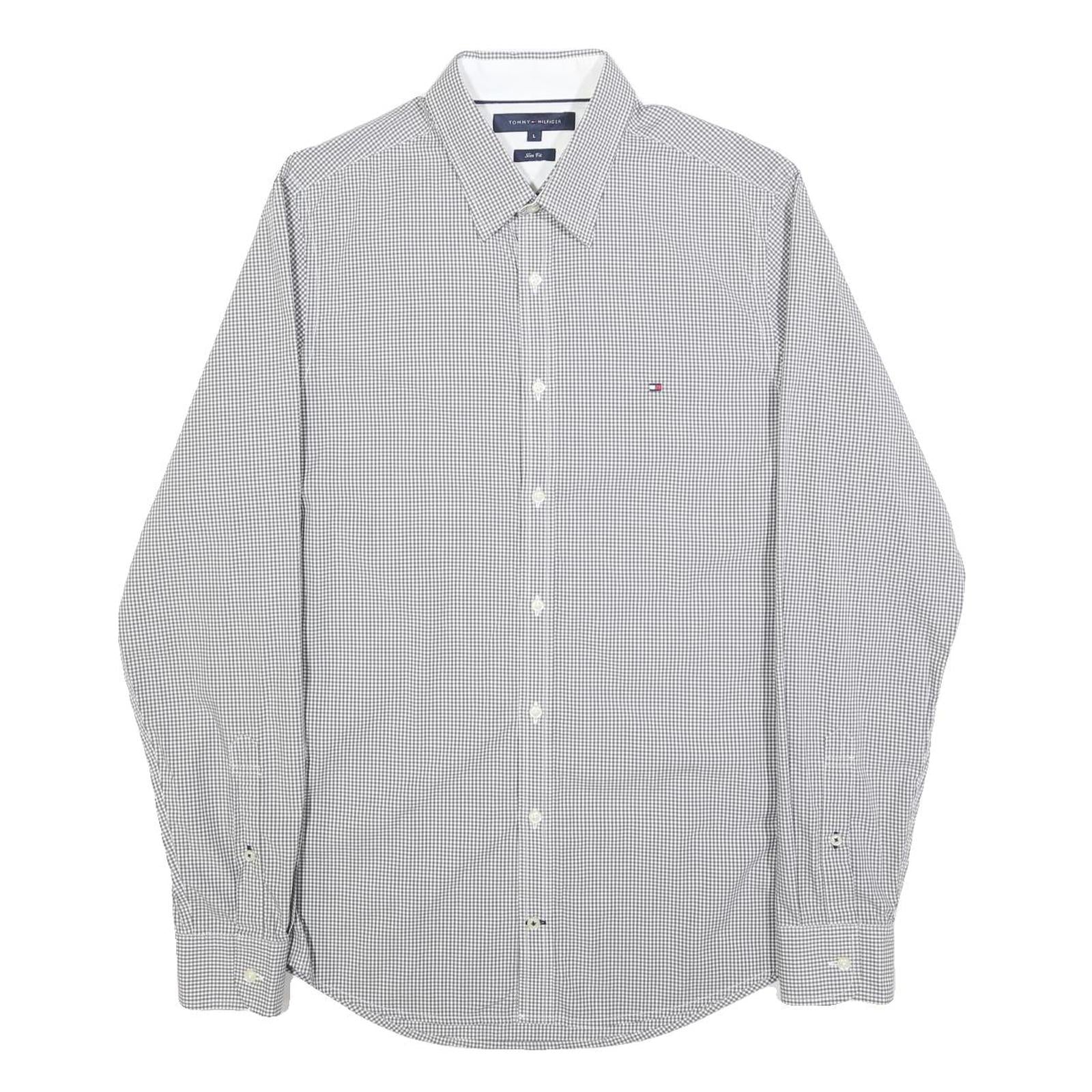 TOMMY HILFIGER Mens Grey Check Shirt L Classic Cotton Long Sleeve Formal