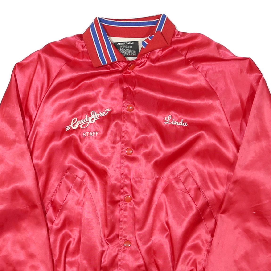 ARISTO JACK Mens Red Candy Store Satin Button Jacket M Nylon Staff Embroidered
