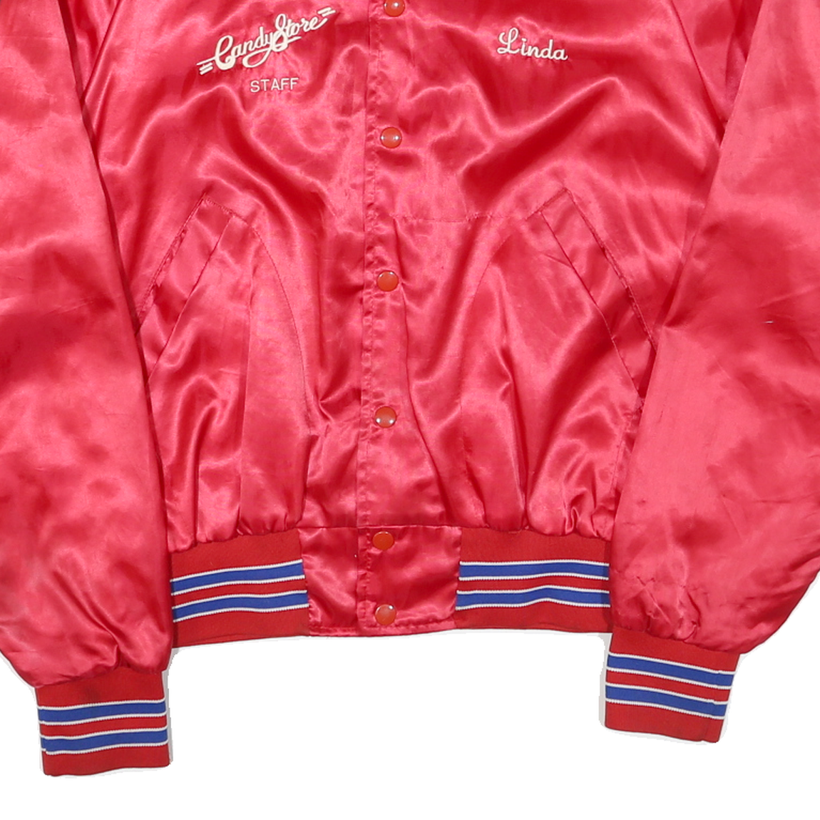 ARISTO JACK Mens Red Candy Store Satin Button Jacket M Nylon Staff Embroidered