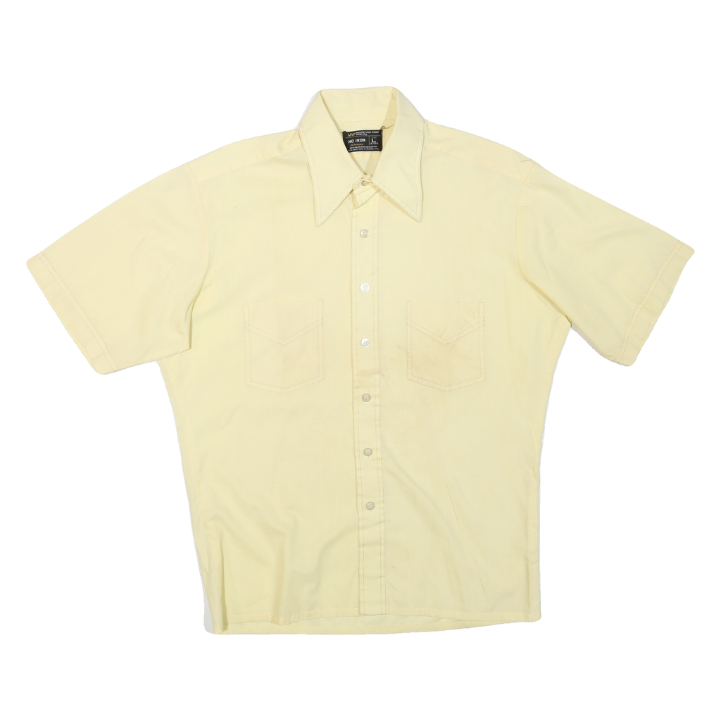 Mens Beige Short Sleeve Polyester Blend Shirt L Button Collar Casual