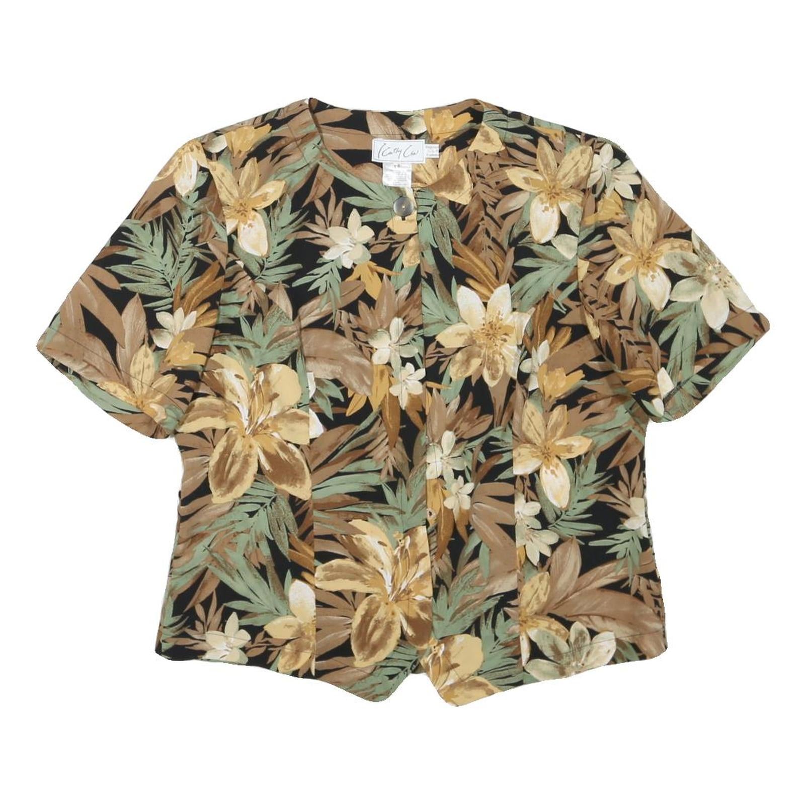 CATHY CHO Womens Brown & Beige Floral Printed Top Short Sleeve Round Neck L