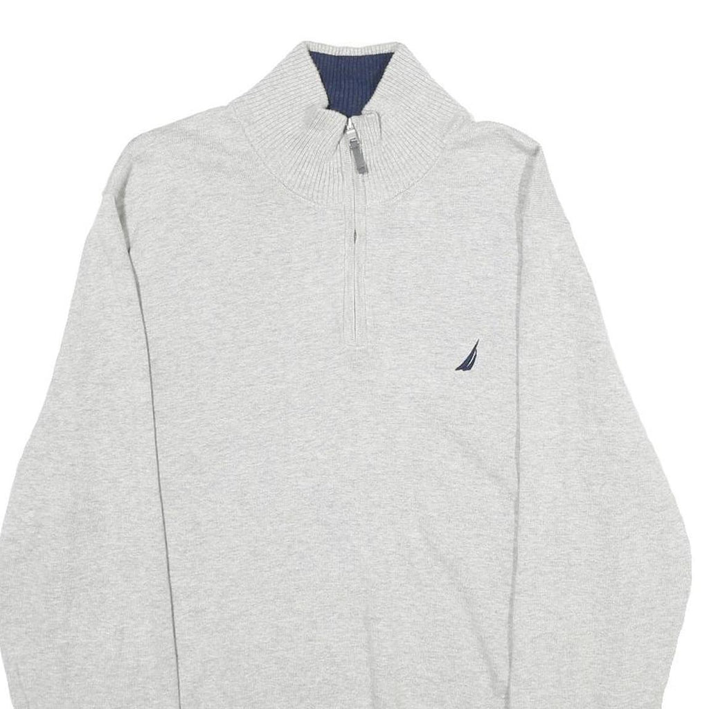 NAUTICA Mens Grey Pullover Plain 1/4 Zip Basic Knit Jumper L Cotton Casual