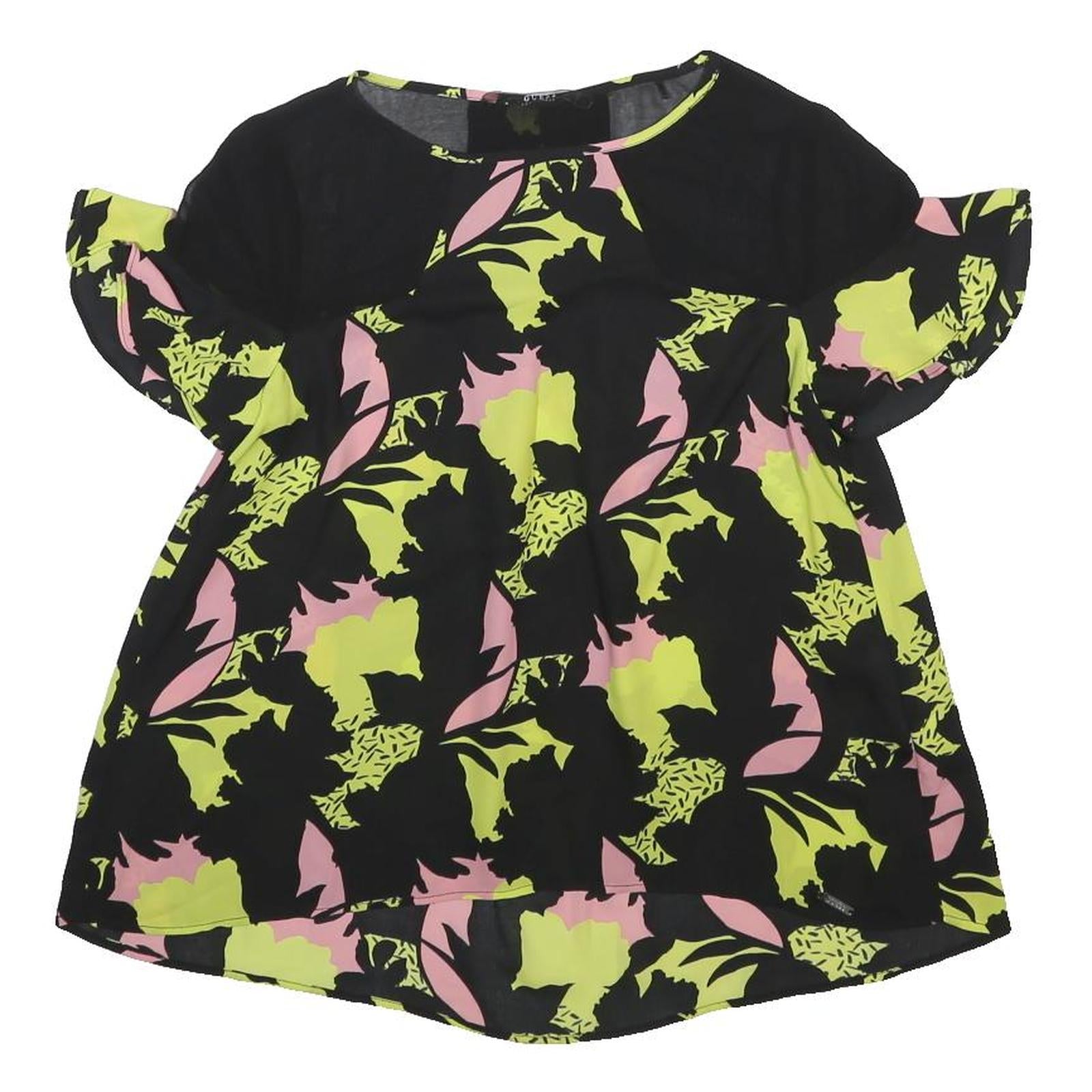 GUESS Womens Black Green & Pink Printed Short Sleeve Round Neck Top UK 6