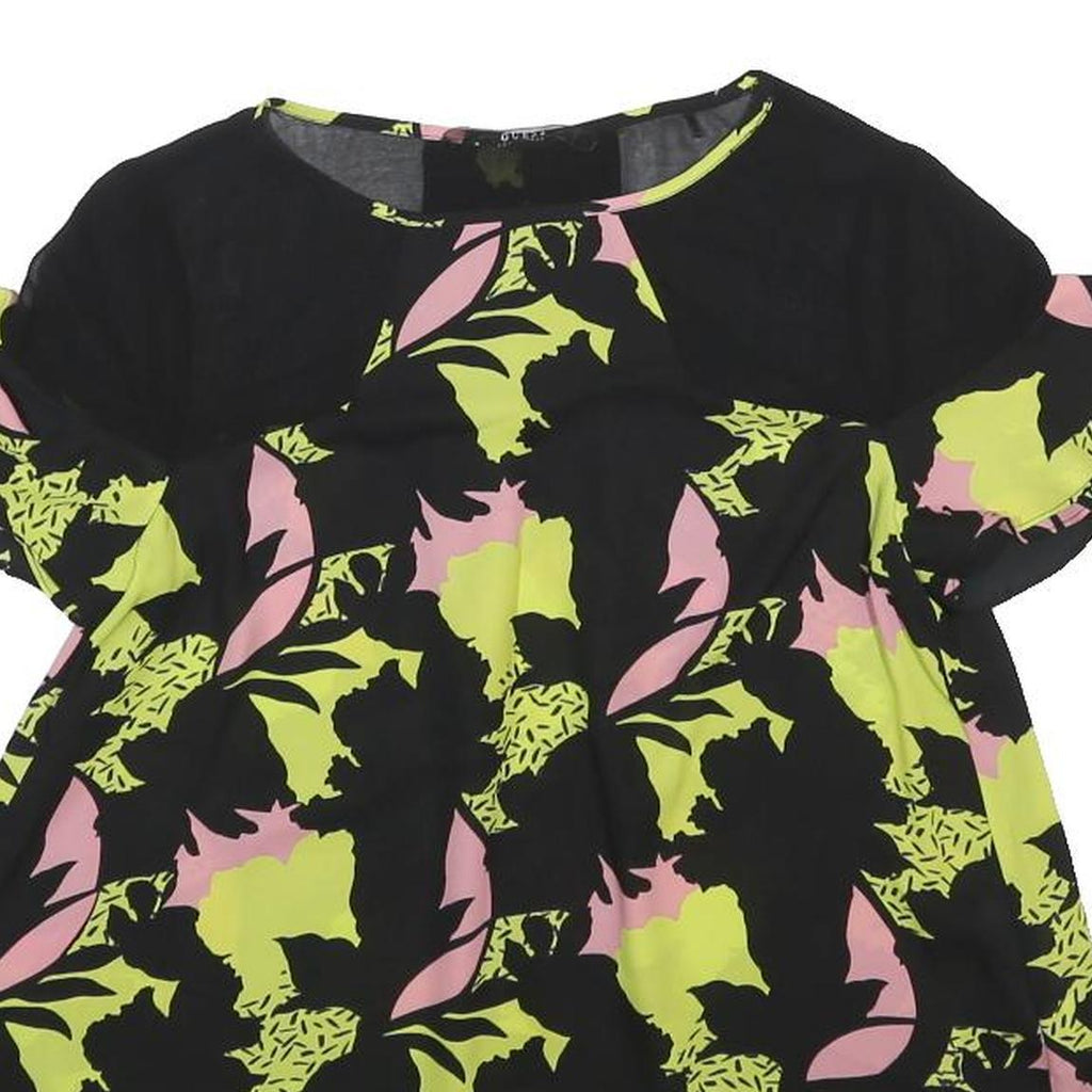 GUESS Womens Black Green & Pink Printed Short Sleeve Round Neck Top UK 6
