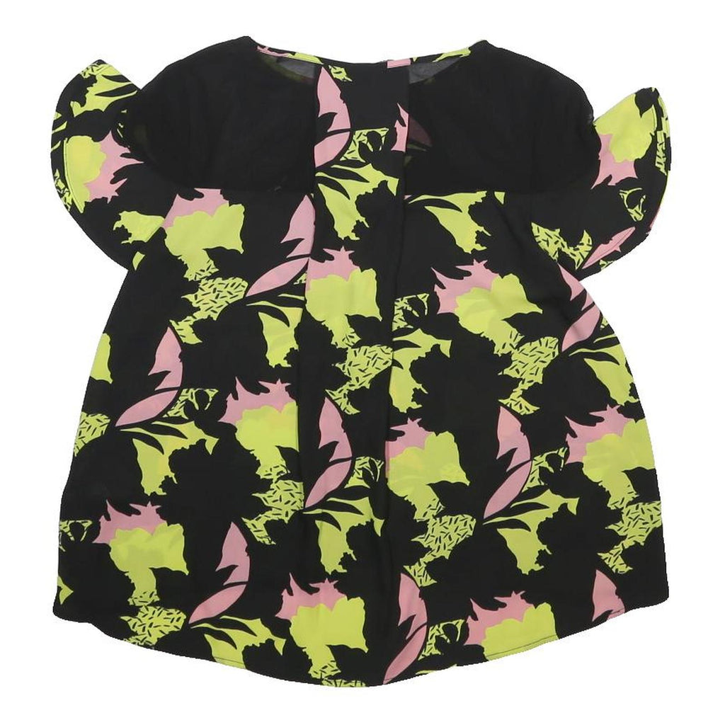 GUESS Womens Black Green & Pink Printed Short Sleeve Round Neck Top UK 6