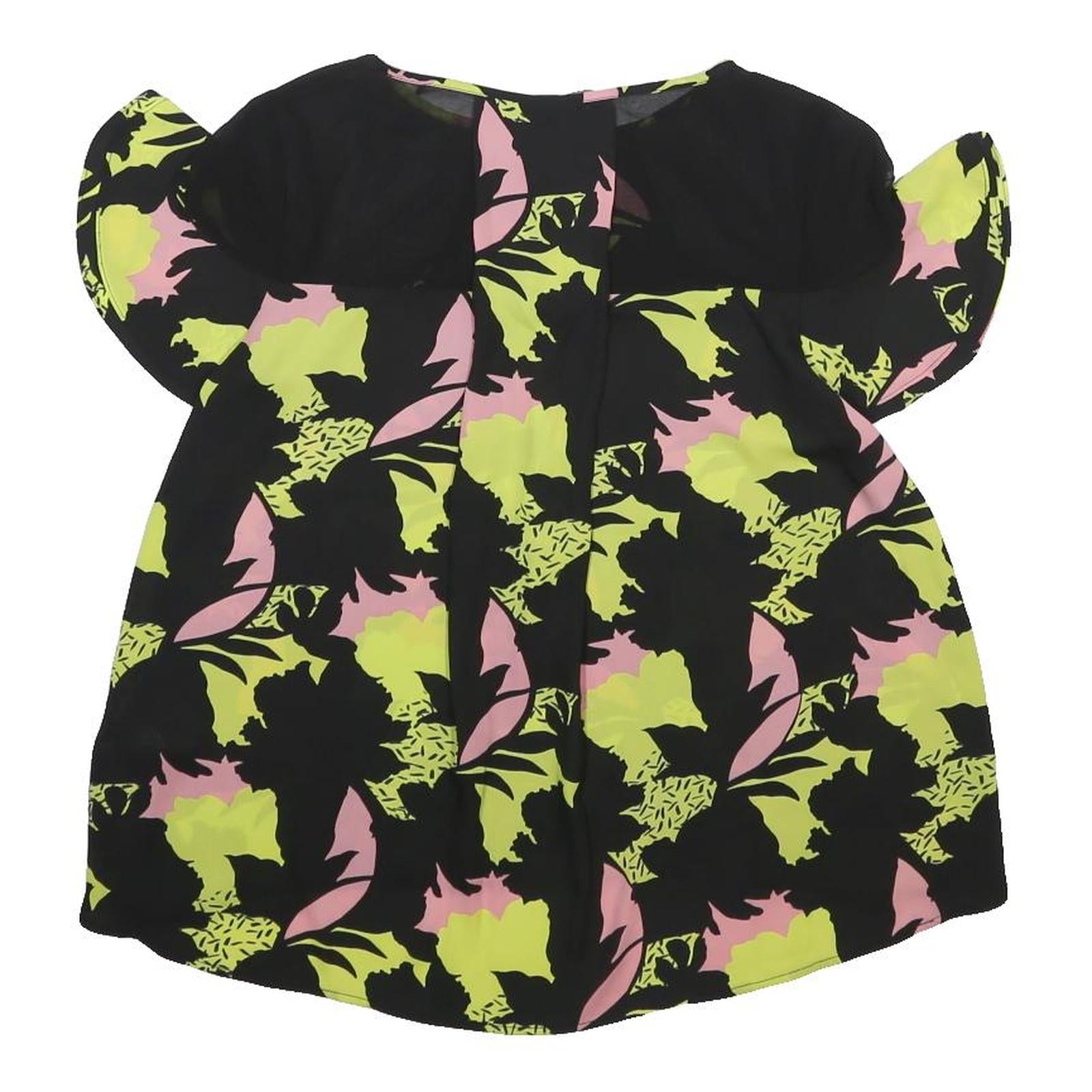 GUESS Womens Black Green & Pink Printed Short Sleeve Round Neck Top UK 6