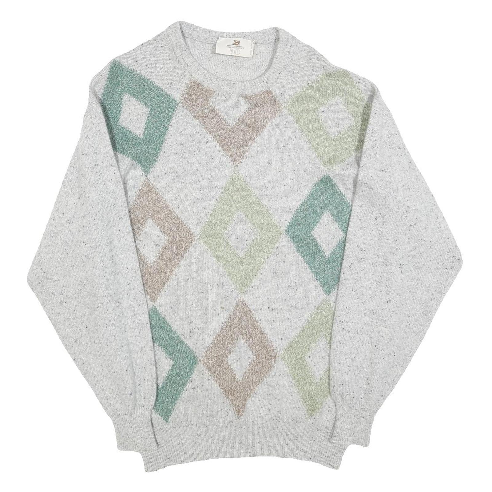 FASHION COLLECTION Mens Grey Beige Green Patterned Jumper Crew Neck Basic Knit M