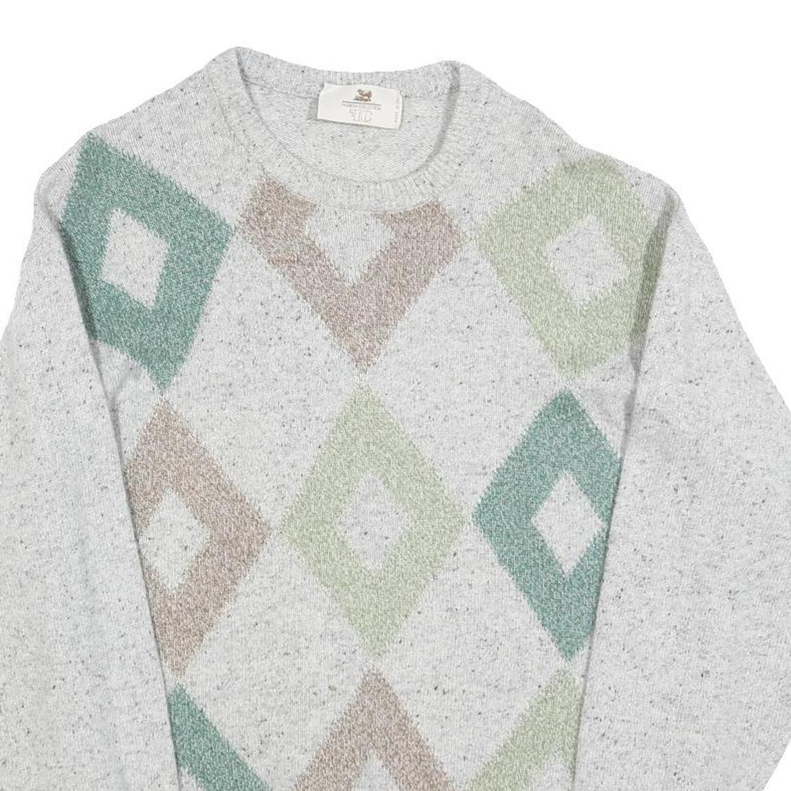 FASHION COLLECTION Mens Grey Beige Green Patterned Jumper Crew Neck Basic Knit M