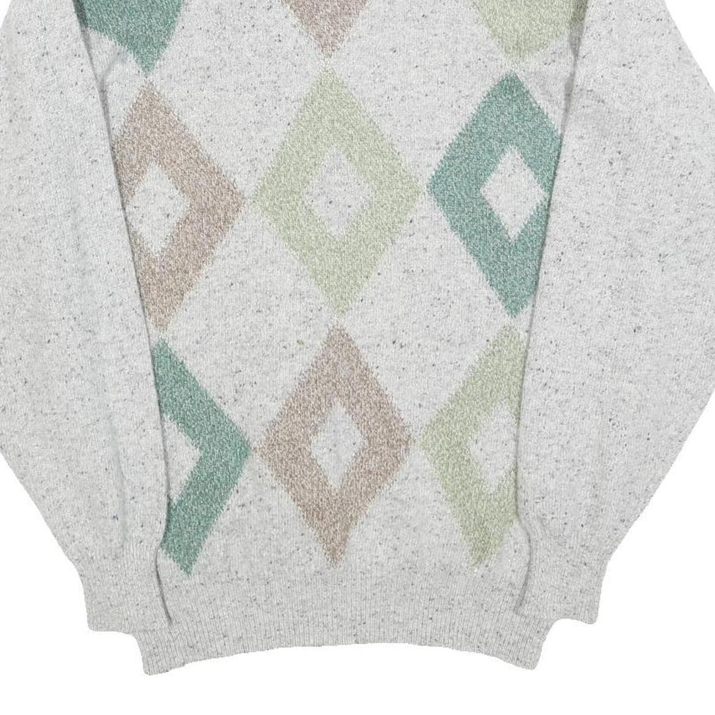 FASHION COLLECTION Mens Grey Beige Green Patterned Jumper Crew Neck Basic Knit M