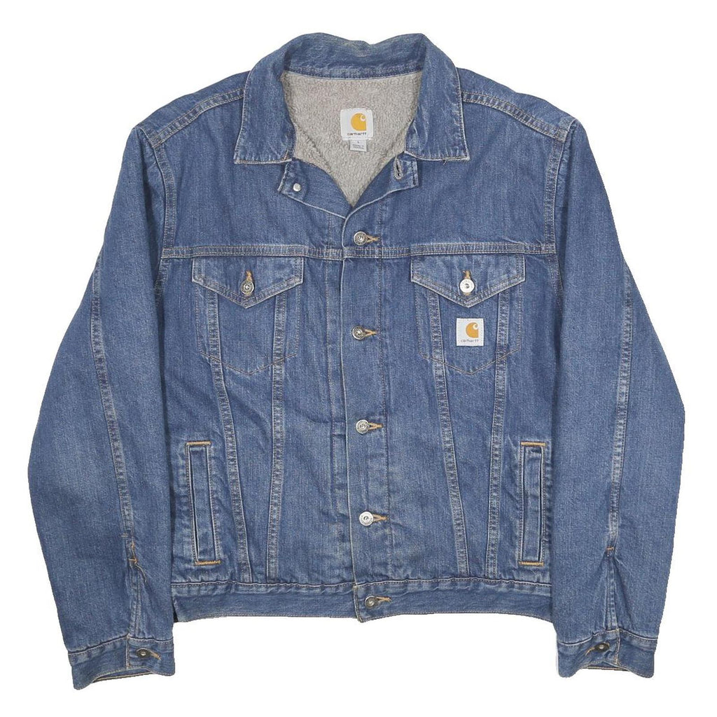 CARHARTT Mens Blue Denim Jacket L Cotton Button Plain Classic Casual Workwear