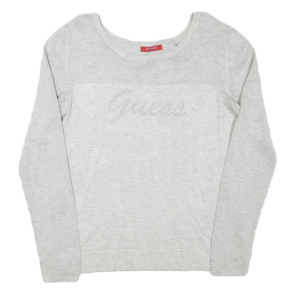 GUESS Womens Grey Plain Crew Neck Basic Knit Jumper S Cotton Blend Lightweight