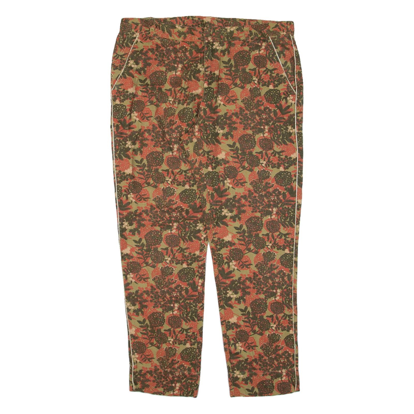 TREND Floral Womens Trousers Green Regular Tapered Linen W32 L26