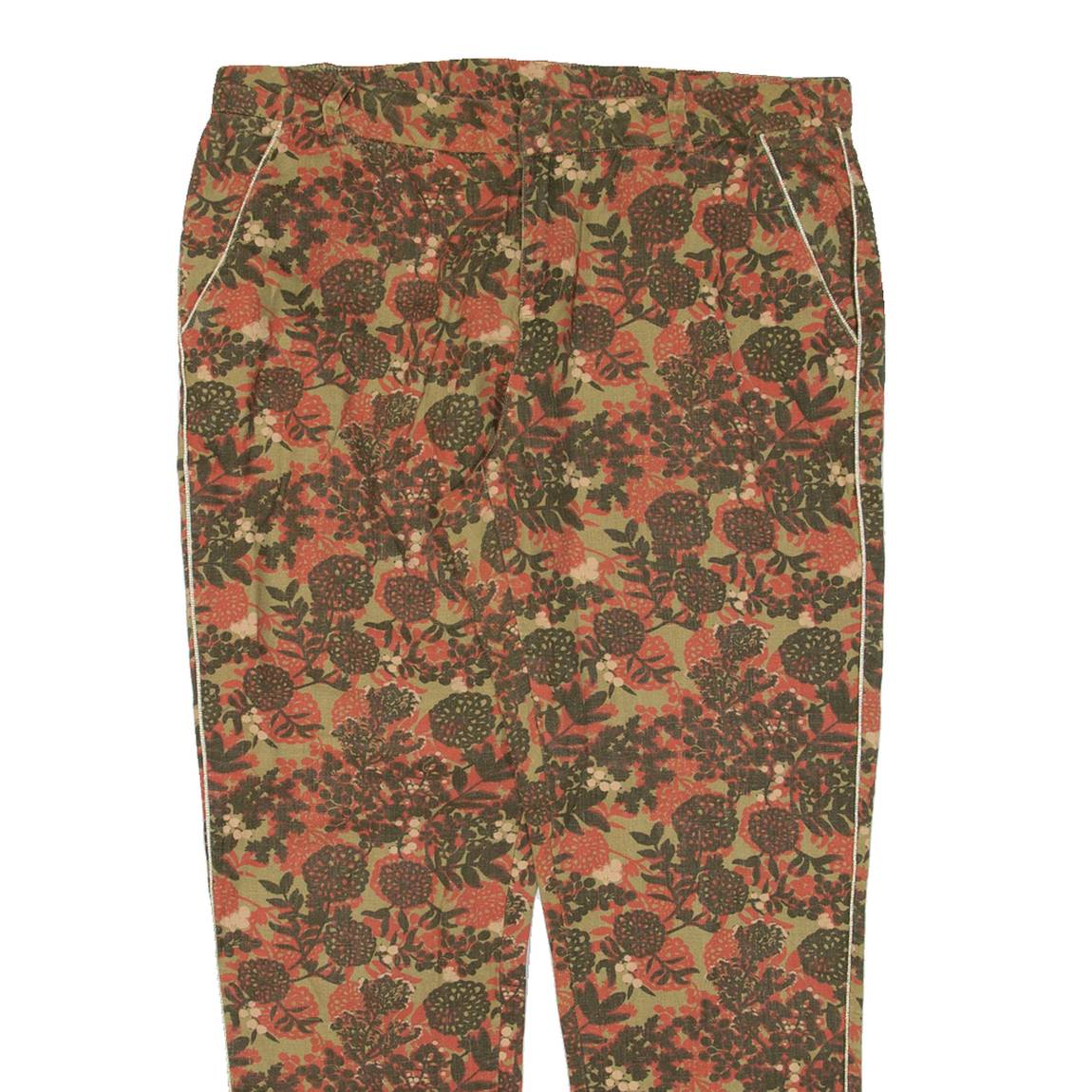 TREND Floral Womens Trousers Green Regular Tapered Linen W32 L26