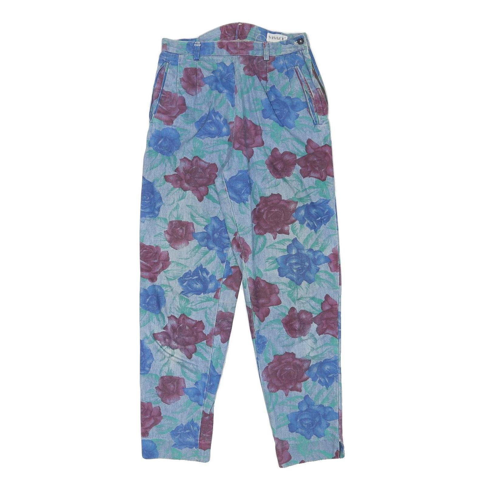 VIVACE Womens Cotton Blend Blue & Maroon Floral Relaxed Trousers W26 L28