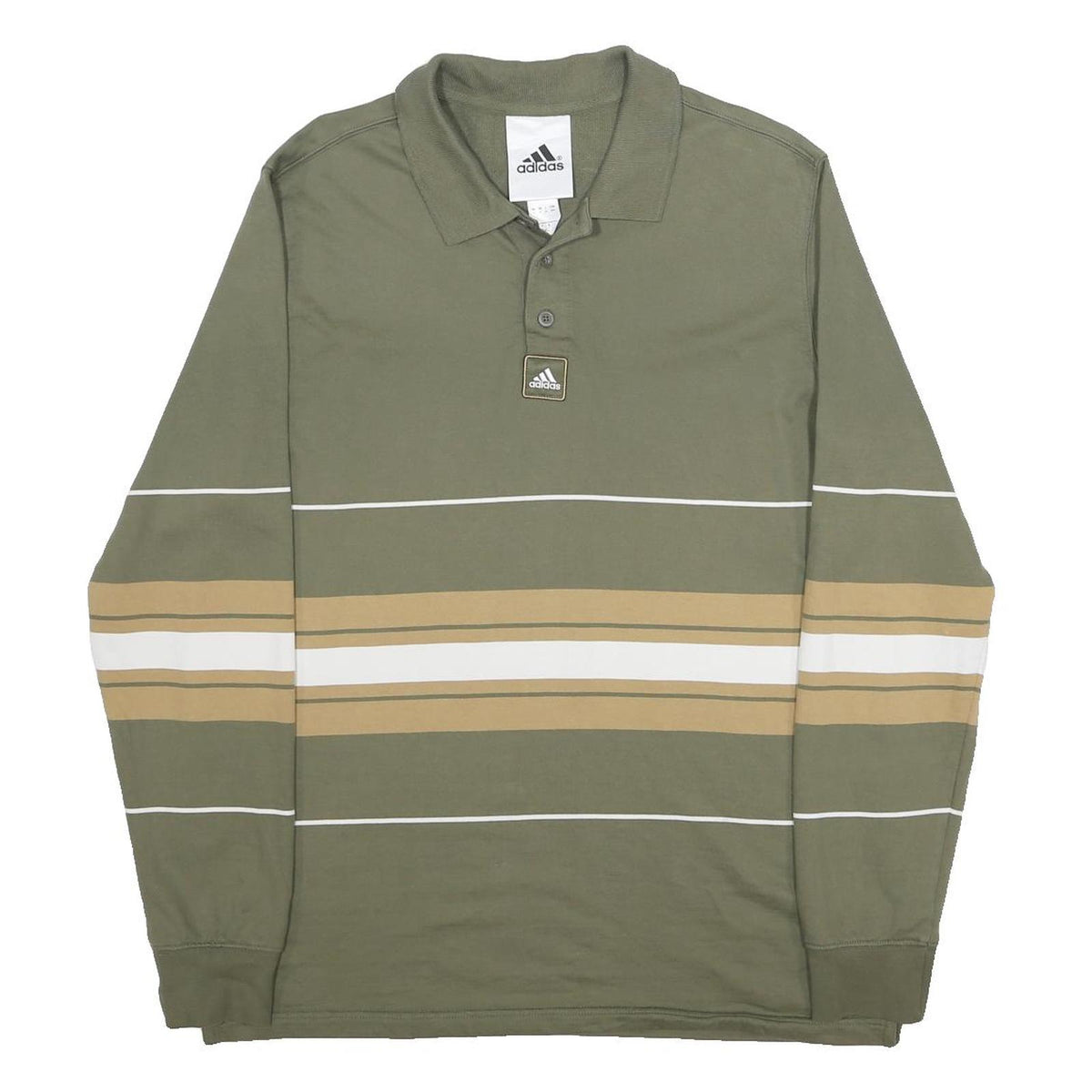 ADIDAS Mens Green & Beige Striped Long Sleeve Polo Shirt M Casual Cotton Blend