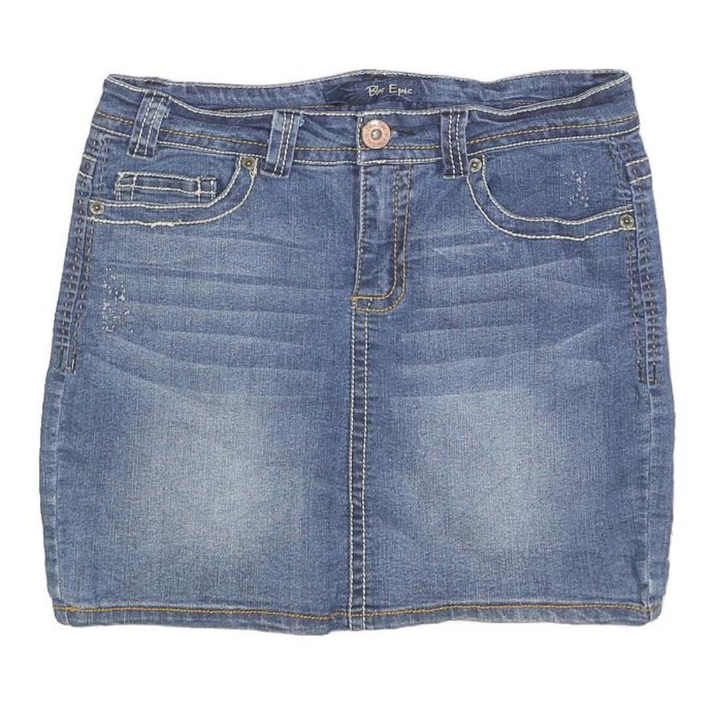 BLUE EPIC Womens Blue Denim Mini Cotton Blend Skirt M Embroidered Pocket Detail