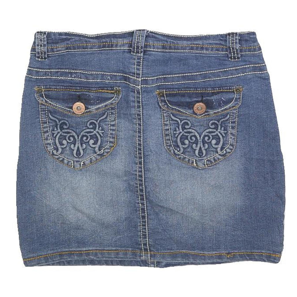 BLUE EPIC Womens Blue Denim Mini Cotton Blend Skirt M Embroidered Pocket Detail