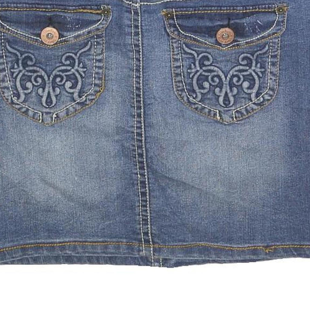 BLUE EPIC Womens Blue Denim Mini Cotton Blend Skirt M Embroidered Pocket Detail