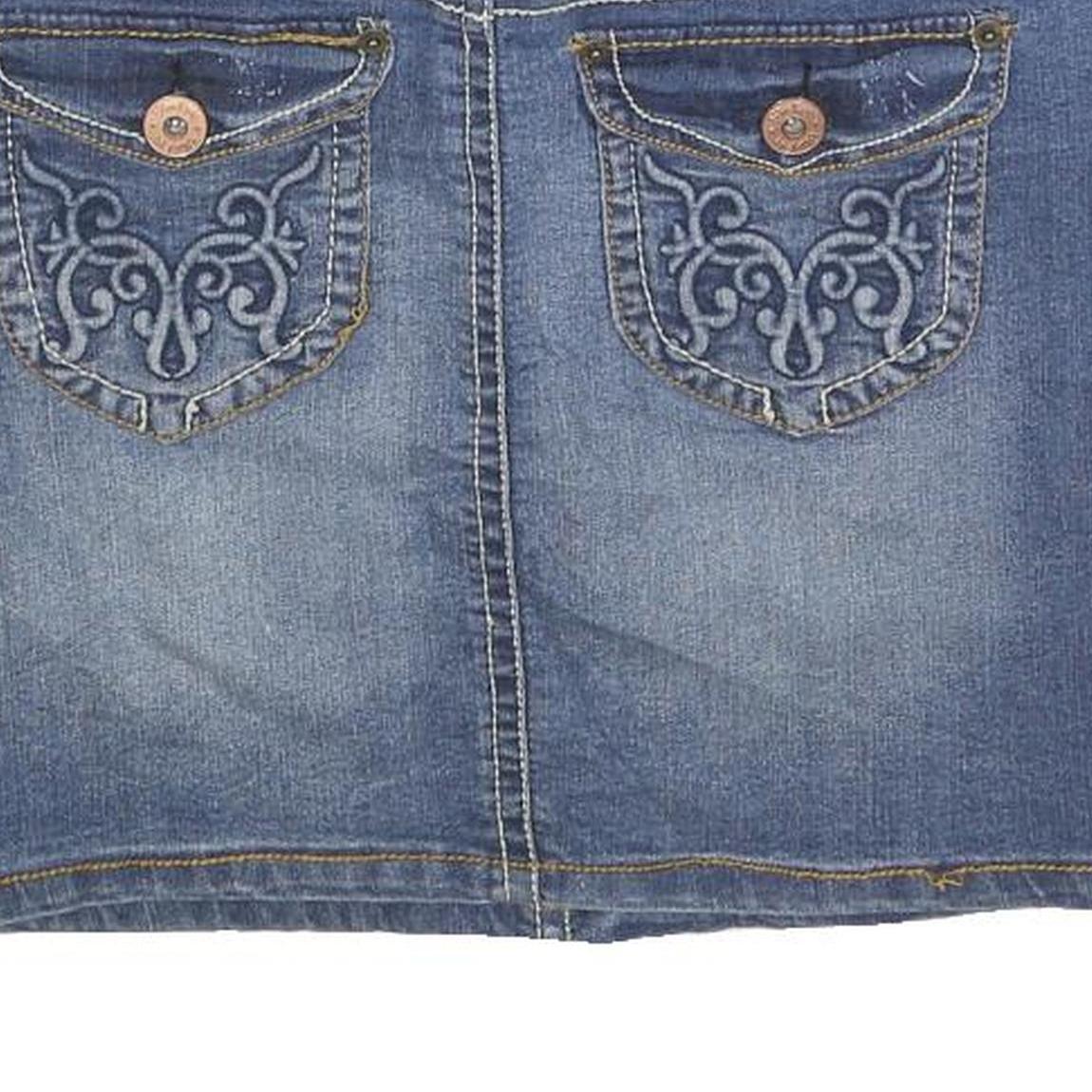 BLUE EPIC Womens Blue Denim Mini Cotton Blend Skirt M Embroidered Pocket Detail