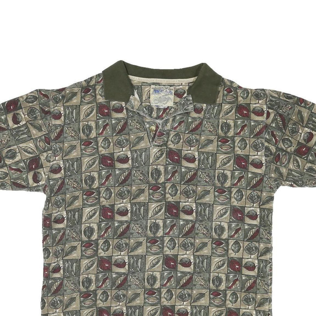 NORTHERN SPIRIT Mens Green & Beige Leaf Print Short Sleeve Polo Shirt M Casual