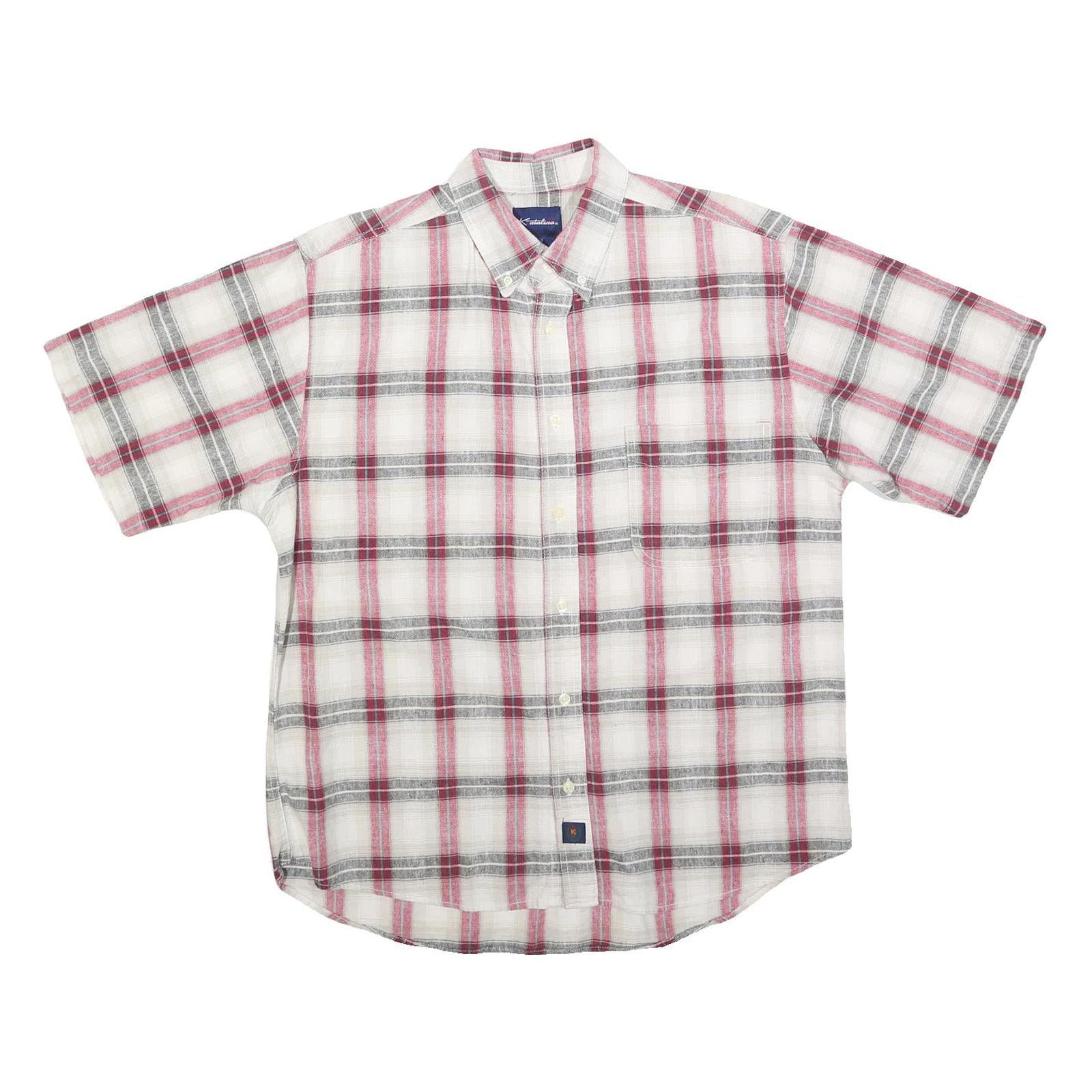 KATALINA Mens White & Red Check Shirt M Cotton Button Down Collar Short Sleeve