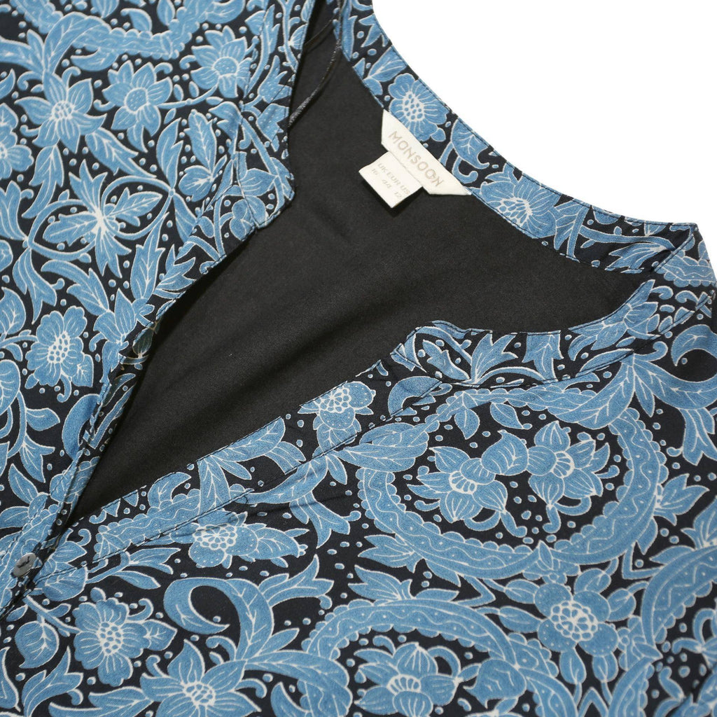MONSOON Womens Blue Paisley Day Dress Cotton Blend Long Sleeve Midi UK 16