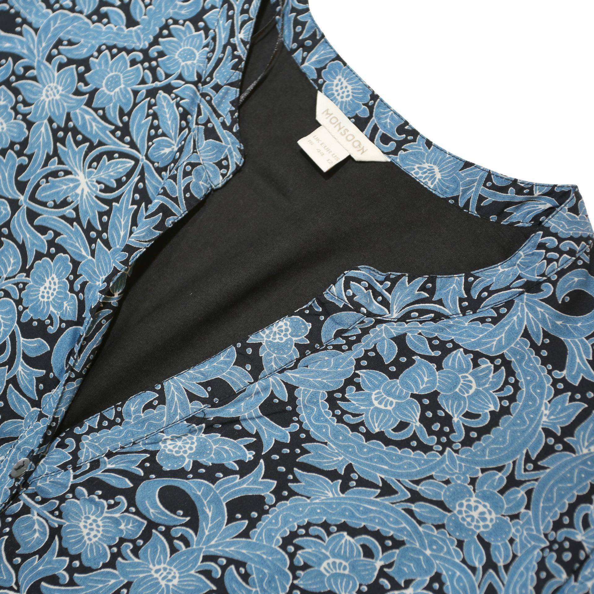 MONSOON Womens Blue Paisley Day Dress Cotton Blend Long Sleeve Midi UK 16