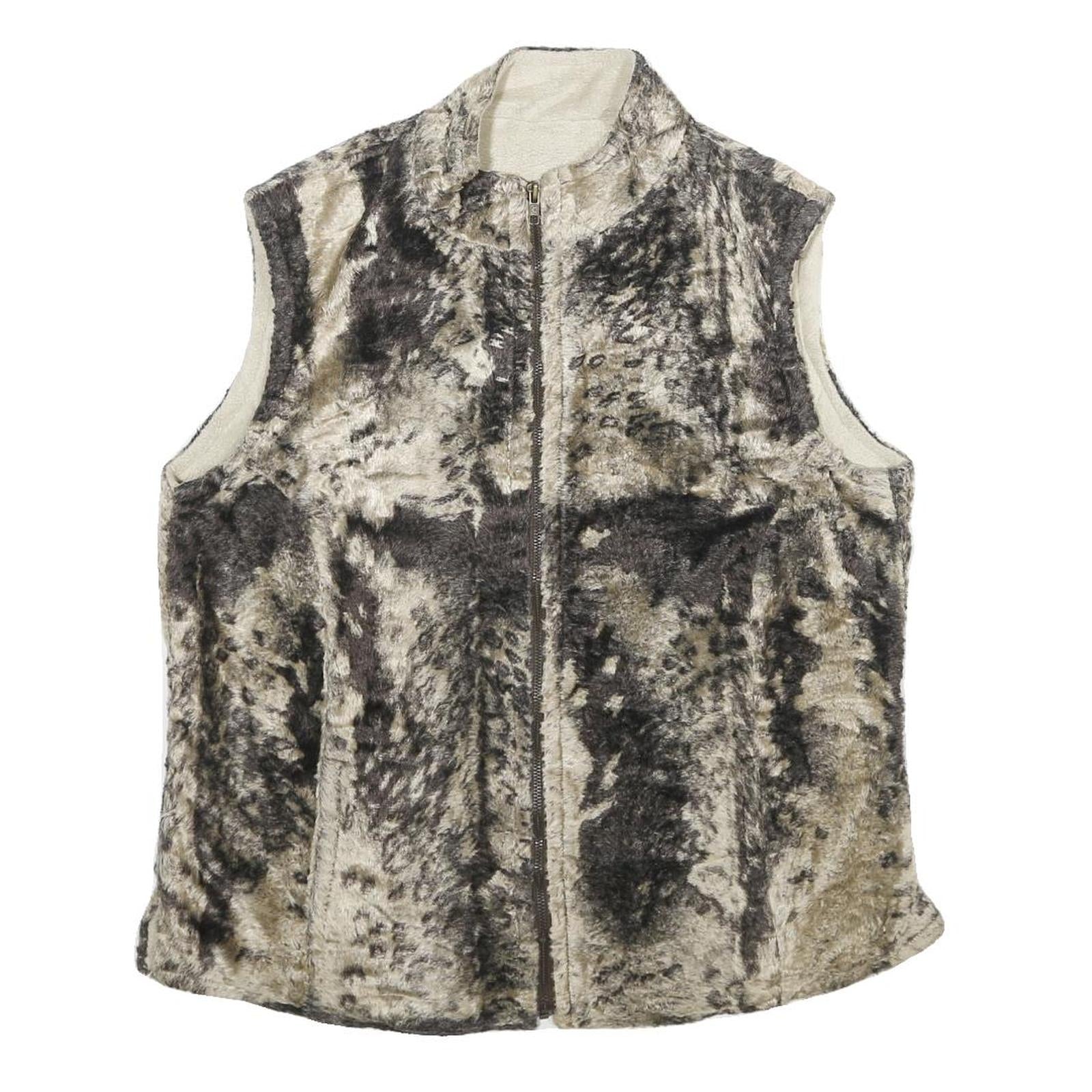 Womens Beige Black Faux Fur Zip Sleeveless Casual Lined Vest Jacket