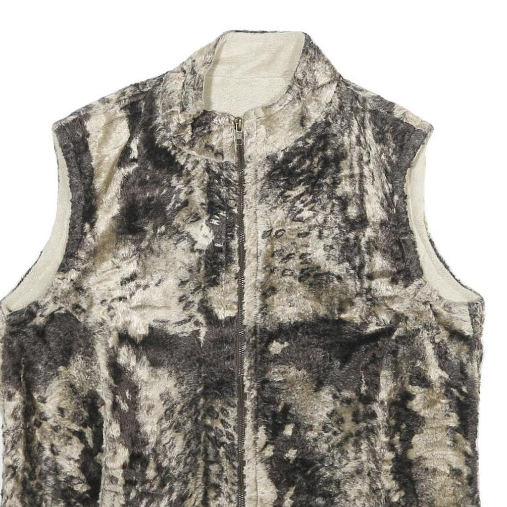 Womens Beige Black Faux Fur Zip Sleeveless Casual Lined Vest Jacket