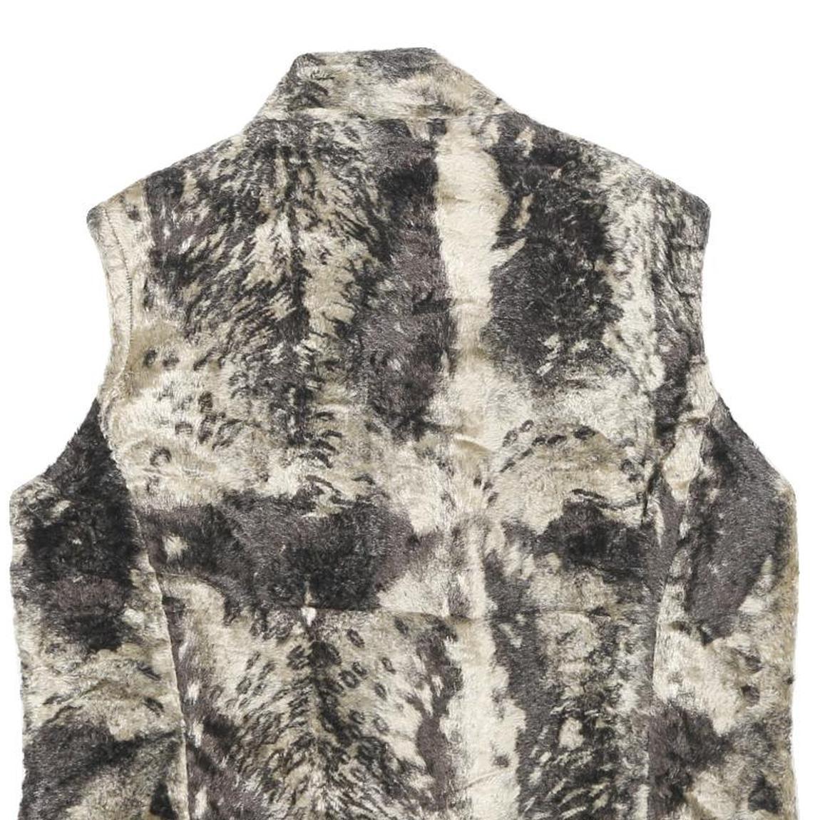 Womens Beige Black Faux Fur Zip Sleeveless Casual Lined Vest Jacket