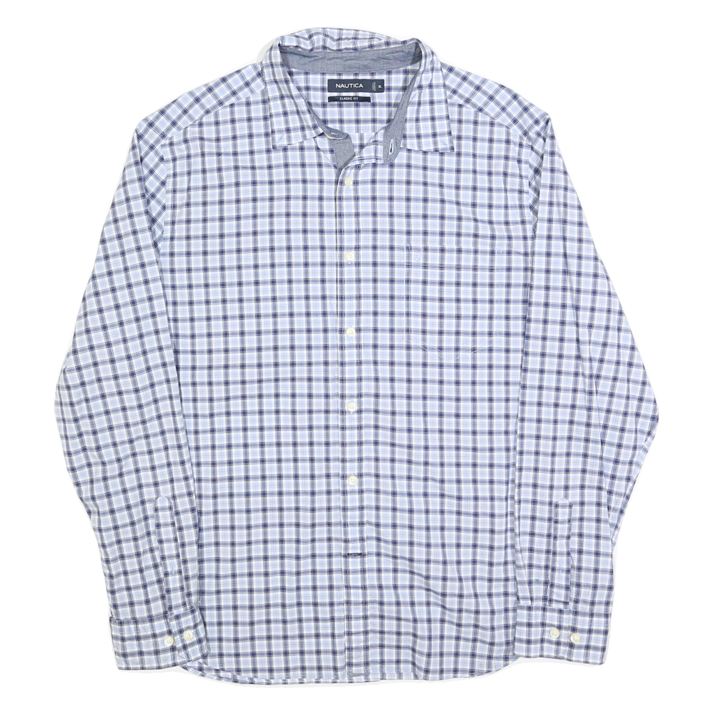NAUTICA Mens Blue & White Check Shirt XL Classic Fit Cotton Blend Casual Long