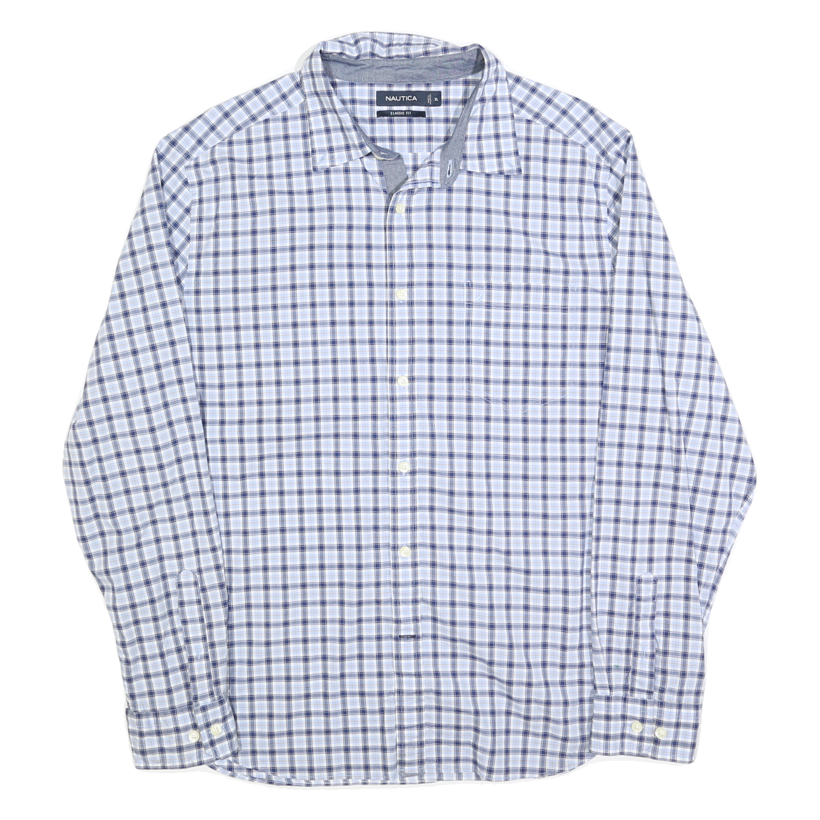 NAUTICA Mens Blue & White Check Shirt XL Classic Fit Cotton Blend Casual Long