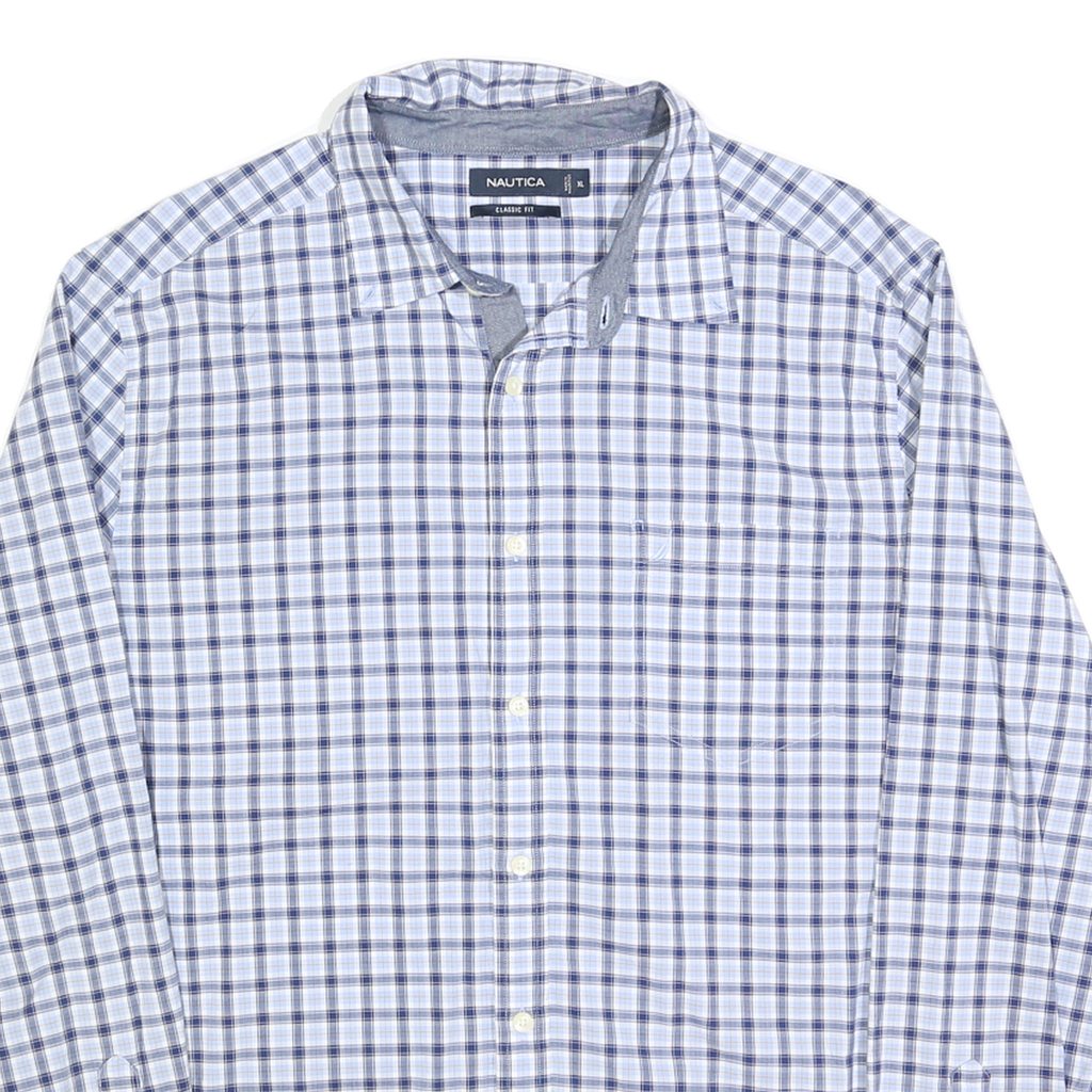 NAUTICA Mens Blue & White Check Shirt XL Classic Fit Cotton Blend Casual Long