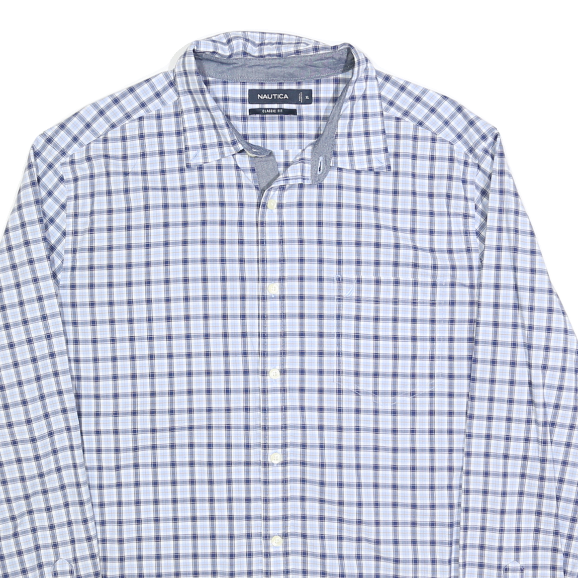 NAUTICA Mens Blue & White Check Shirt XL Classic Fit Cotton Blend Casual Long