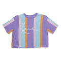 KARL KANI Womens Purple & Blue Stripe Graphic Crop T-Shirt S Short Sleeve Crew