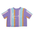 KARL KANI Womens Purple & Blue Stripe Graphic Crop T-Shirt S Short Sleeve Crew
