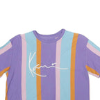 KARL KANI Womens Purple & Blue Stripe Graphic Crop T-Shirt S Short Sleeve Crew