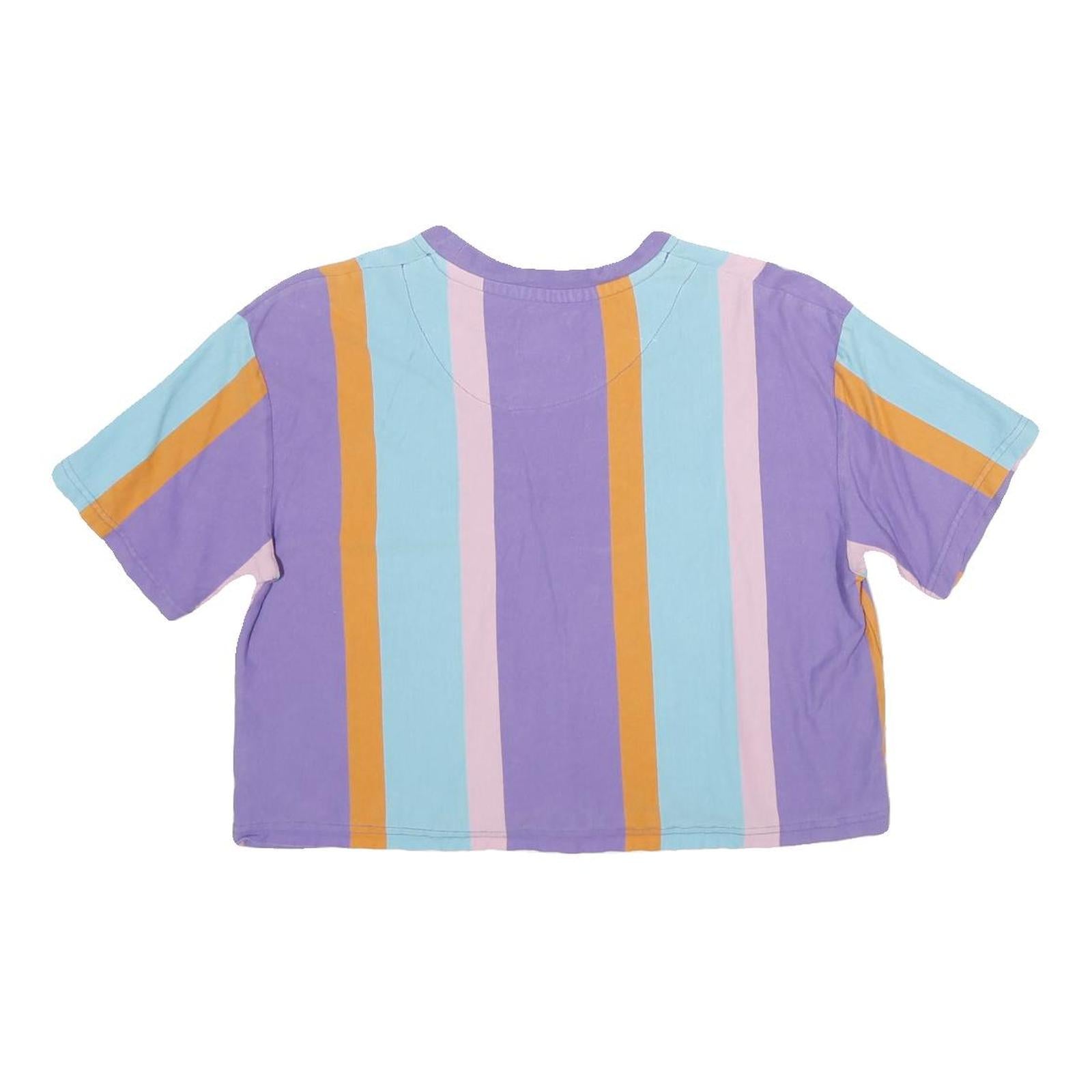 KARL KANI Womens Purple & Blue Stripe Graphic Crop T-Shirt S Short Sleeve Crew