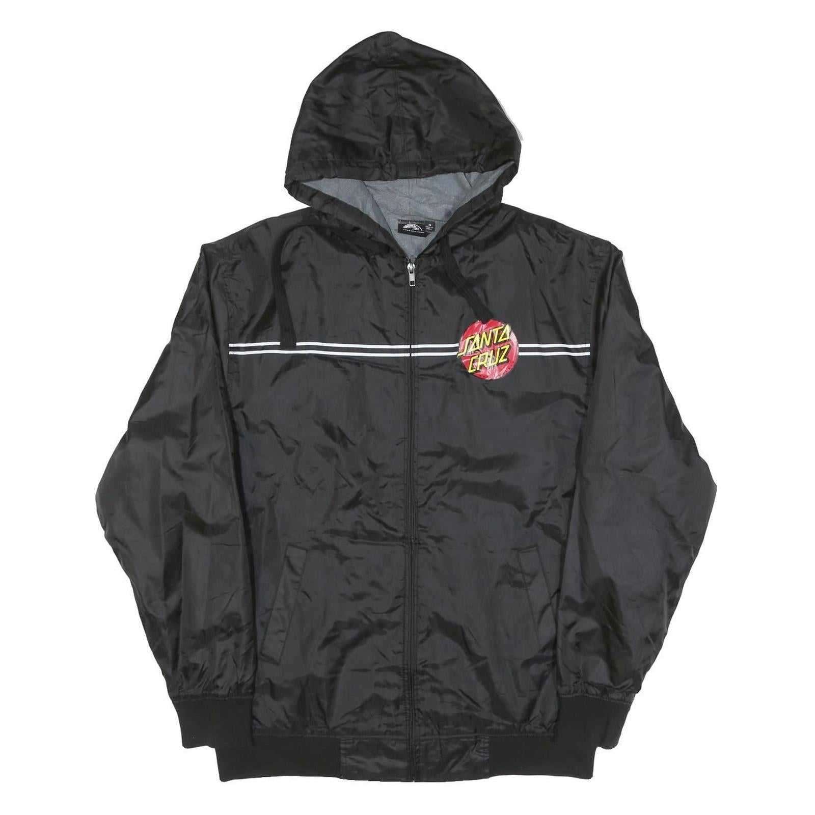 SANTA CRUZ Mens Black Nylon Logo Zip Hooded Jacket M Plain Streetwear