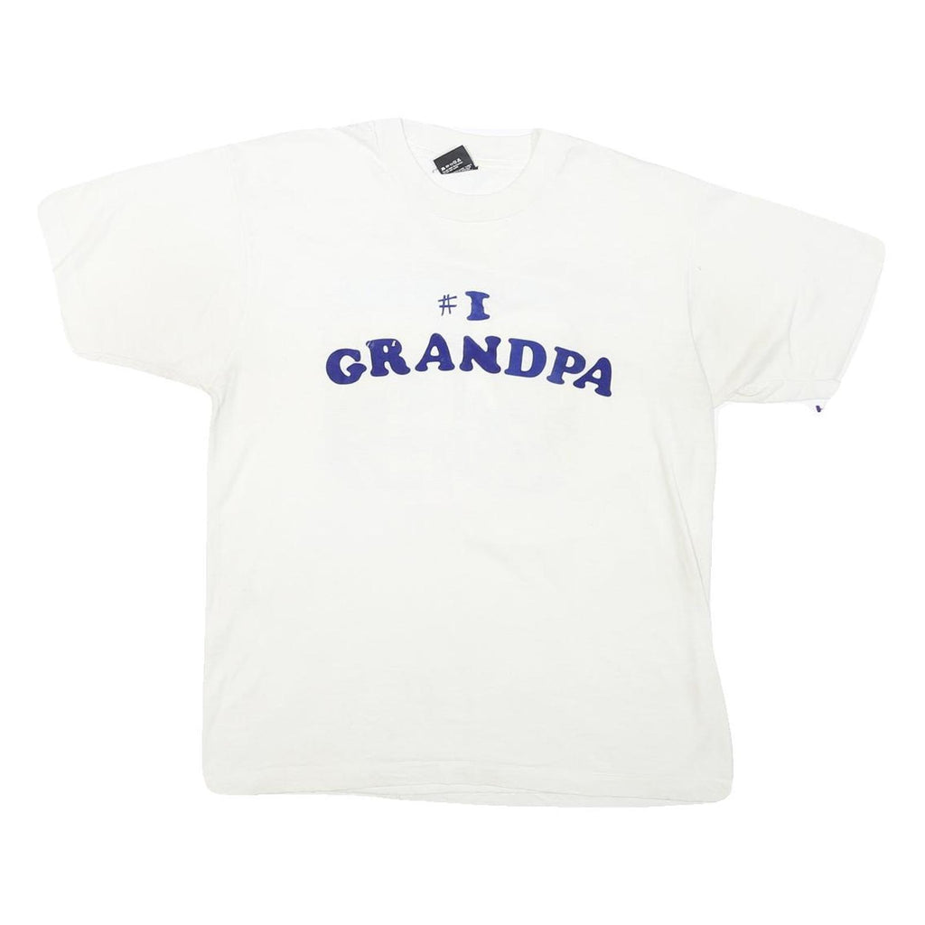 THE BEST Mens White Blue Graphic T-Shirt L Short Sleeve Crew Neck Grandpa