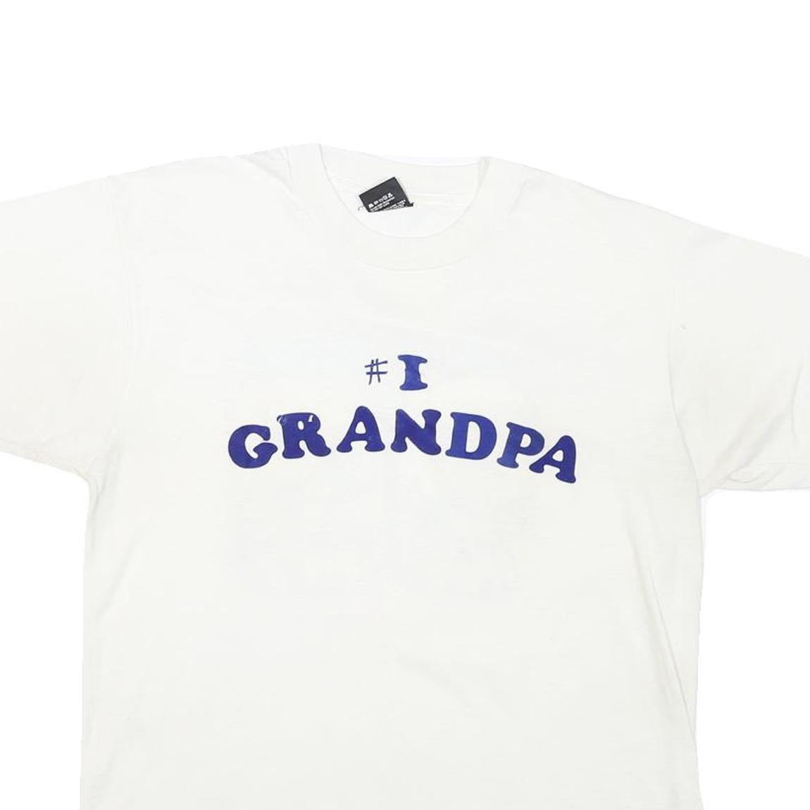 THE BEST Mens White Blue Graphic T-Shirt L Short Sleeve Crew Neck Grandpa