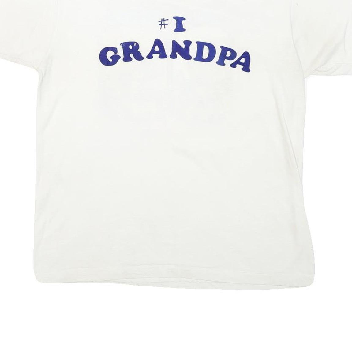 THE BEST Mens White Blue Graphic T-Shirt L Short Sleeve Crew Neck Grandpa